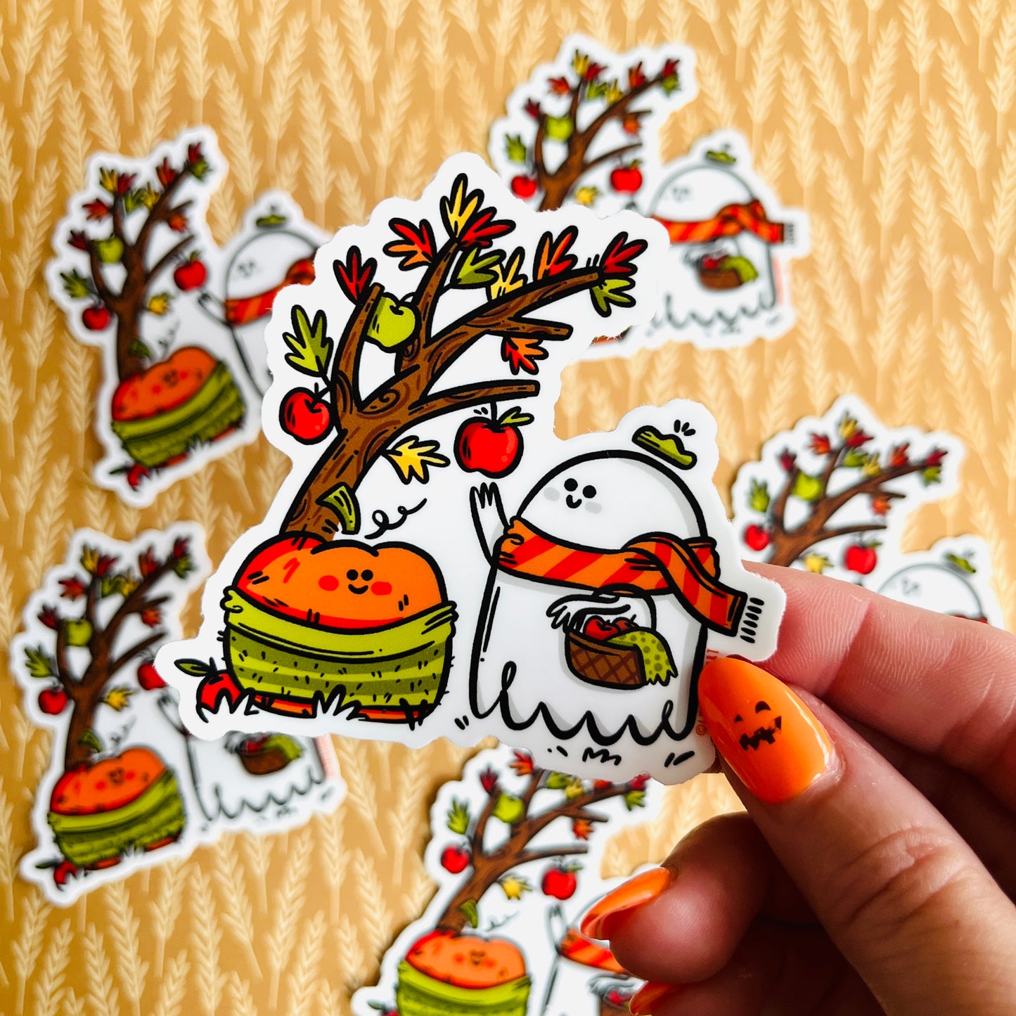 Apple Picking Ghost & Pumpkin Vinyl Sticker