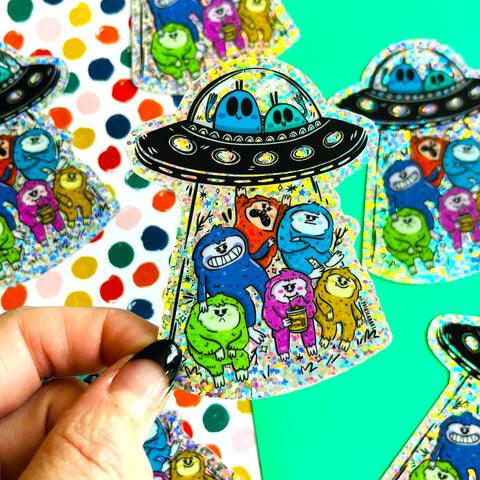 Glittery UFOs <3 Bigfoot Vinyl Sticker