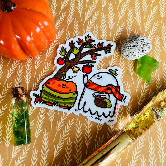 Apple Picking Ghost & Pumpkin Vinyl Sticker