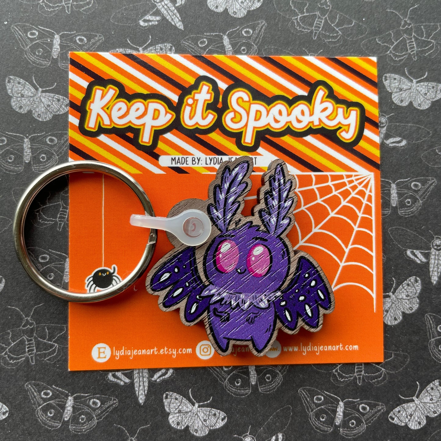 Wooden Mothman Keychain in Purple